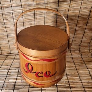 Rare Vintage Wood Slat Barrel Ice Bucket w/removable Plastic Liner